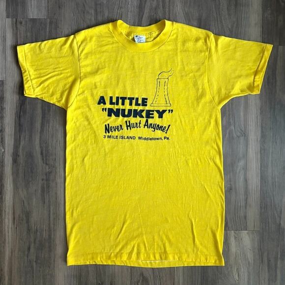 Vintage 1970s Three Mile Island T-Shirt Size S A Little Nukey Never Hurt Anyone - Picture 3 of 7